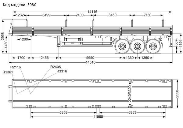 Габаритный чертеж полуприцеп контейнеровоз ППК 30Б-31-14КБ
